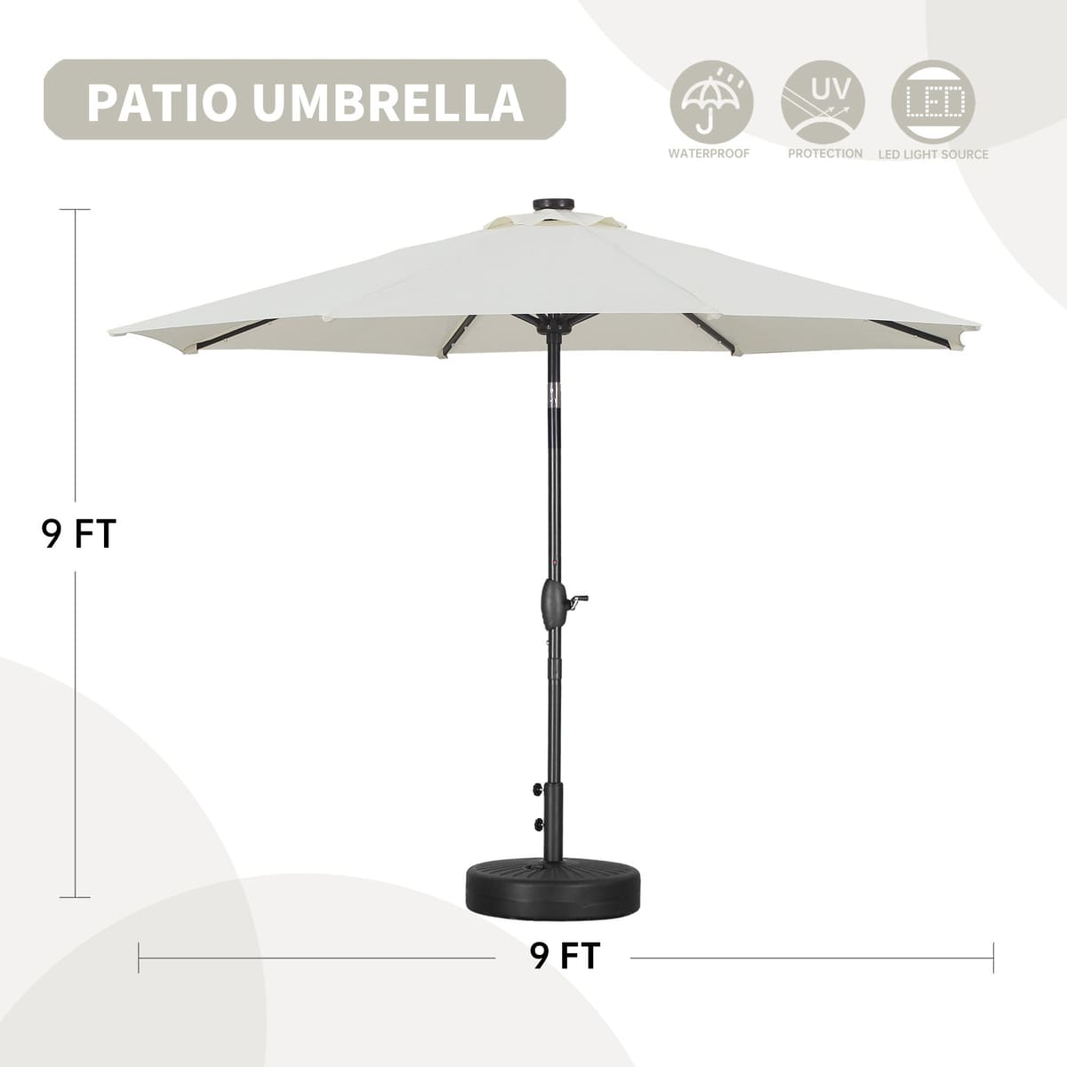 9ft Solar 32 LED Lighted Umbrella with 8 Ribs Adjustment and Crank Lift System for Patio Waterproof Sun Protection-Without Base - Beige