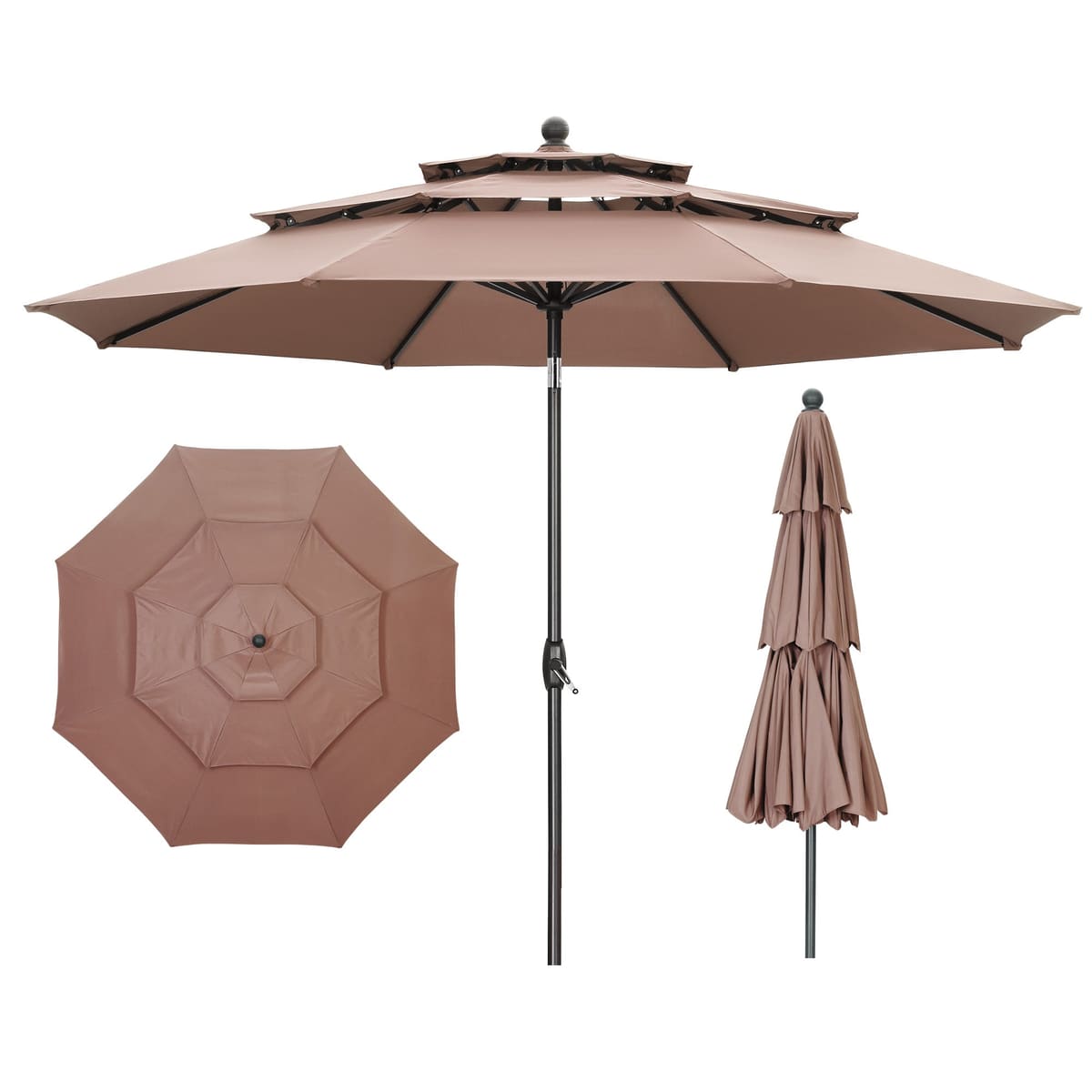 Ainfox 10 FT Patio Umbrella 3 Tiers Outdoor Market Umbrella with Crank and Tilt for Garden Lawn Backyard Pool - Coffee