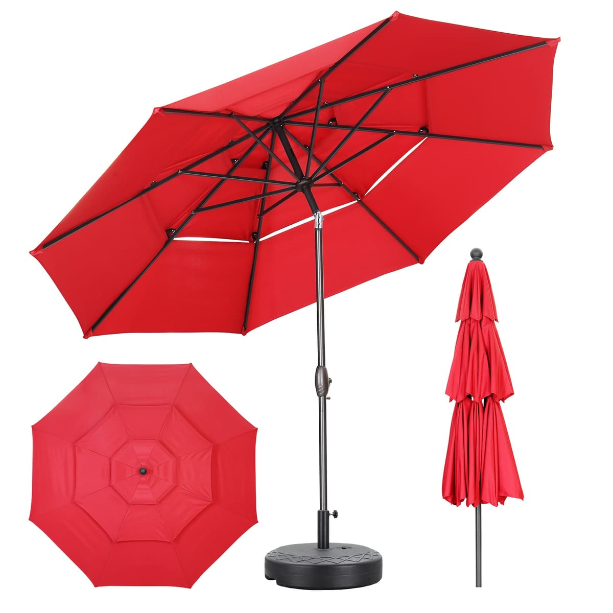 Ainfox 10FT 3 tier vented Outdoor Table Umbrella with Partern Umbrella Base For Beach Market Backyard Camping - Red