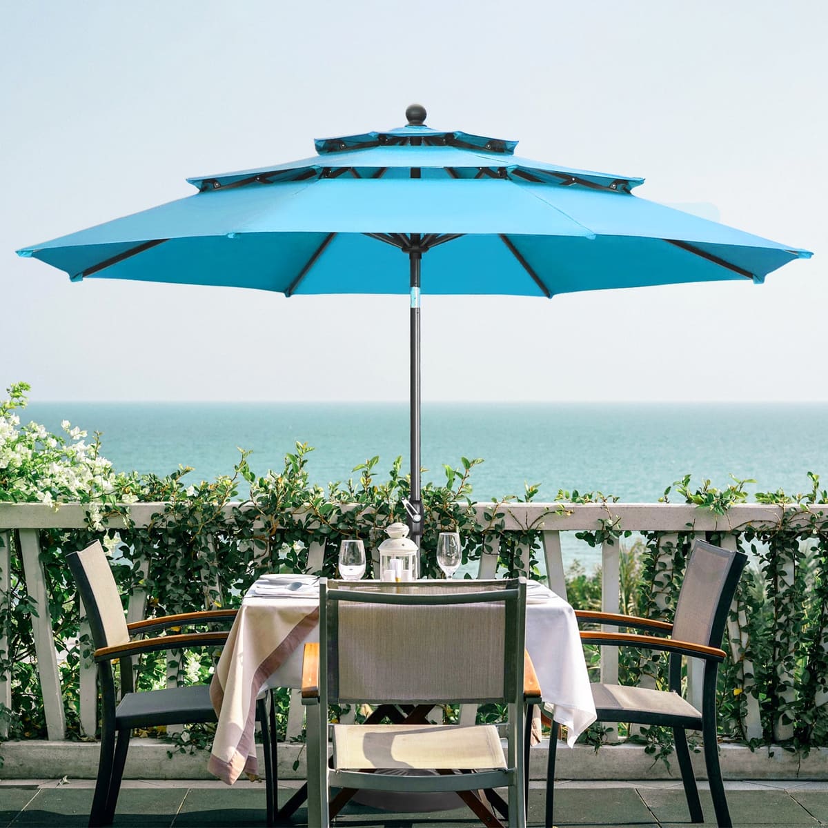 Ainfox 10FT 3 tier vented Patio Umbrella Outdoor Table Umbrella,Market Umbrella with Push Button Tilt and Crank for Garden, Lawn, Deck, - BLUE
