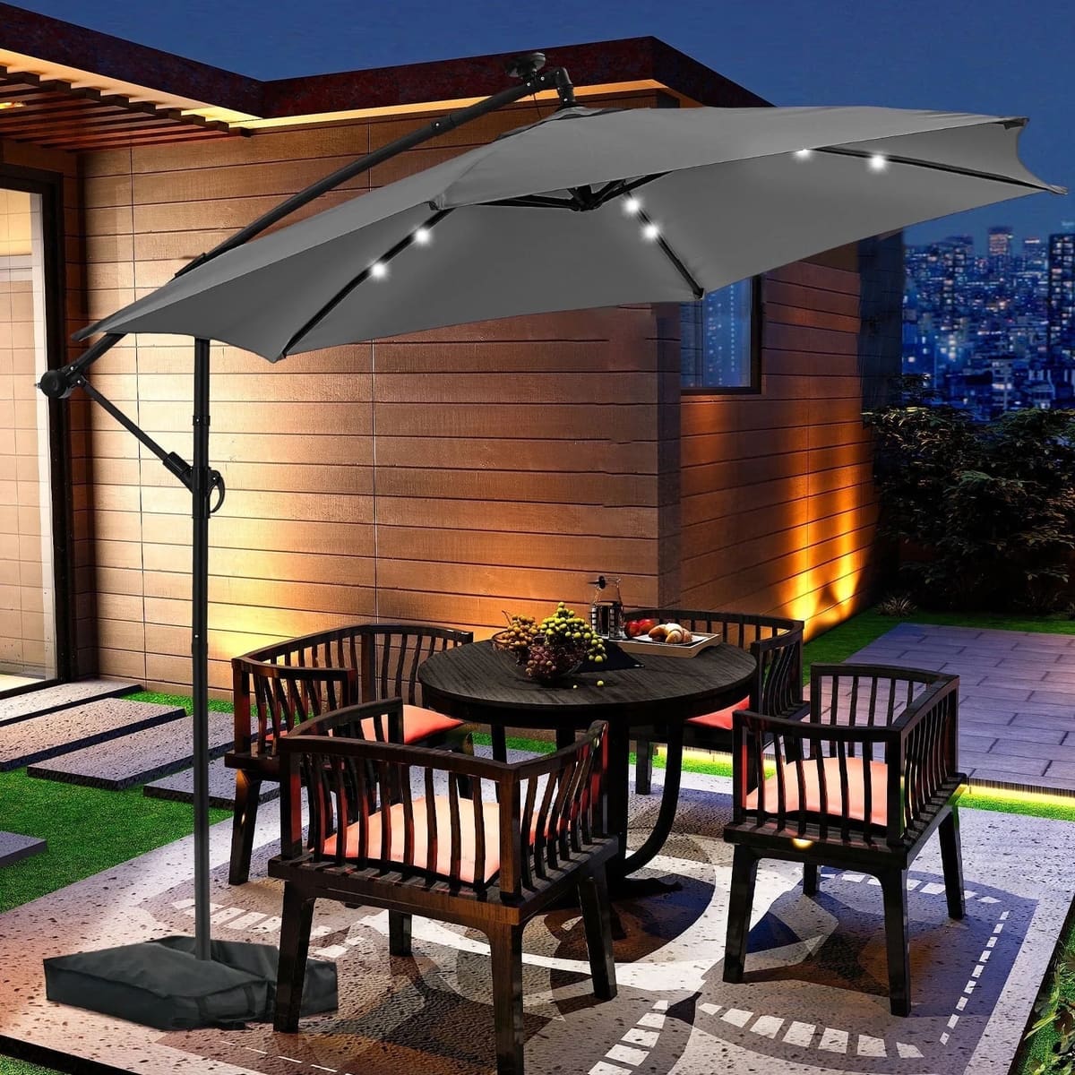 Ainfox 10ft Cantilever Patio Umbrella with Lights, Offset Market Umbrella with Sandbags Weighted Base and Cross Base - Gray / With Lights