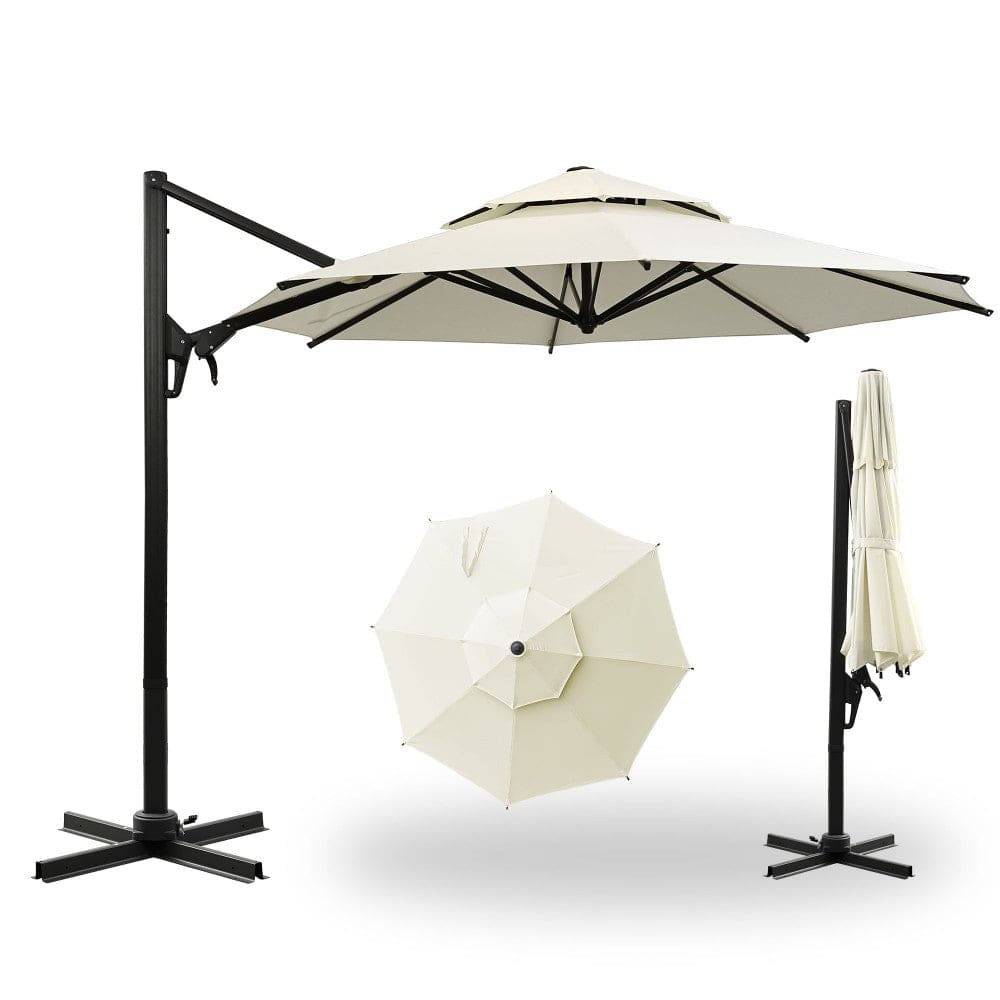 Ainfox 10ft Double Top Heavy-Duty Patio Cantilever Umbrella with Cross Base,5-Year-Non-Fading Outdoor - Beige / Without Light / 2.52in-Polyester