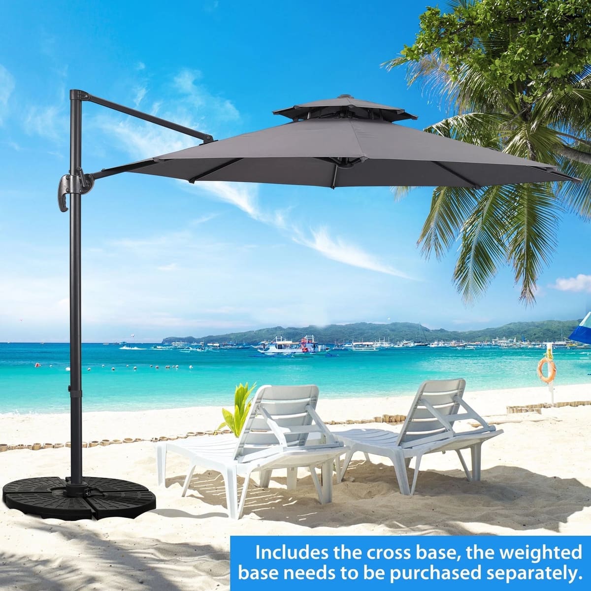 Ainfox 10ft Double Top Heavy-Duty Patio Cantilever Umbrella with Cross Base, Outdoor Large Offset Hanging Aluminum Rotation Sun Shade Umbrella - Gray