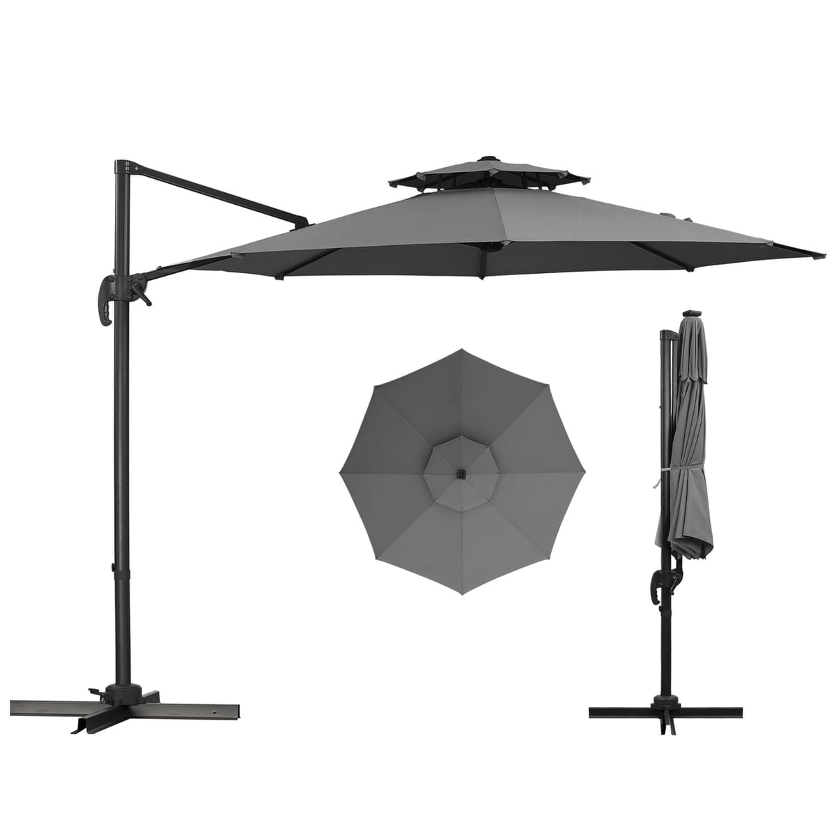 Ainfox 10ft Double Top Heavy-Duty Patio Cantilever Umbrella with Cross Base, Outdoor Large Offset Hanging - Gray / Without Light / 2.52in-Polyester