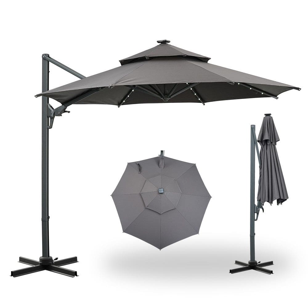 Ainfox 10ft Double Top Heavy-Duty Patio Cantilever Umbrella with lights and Cross Base,5-Year-Non-Fading Outdoor Large Offset Hanging Aluminum - Gray