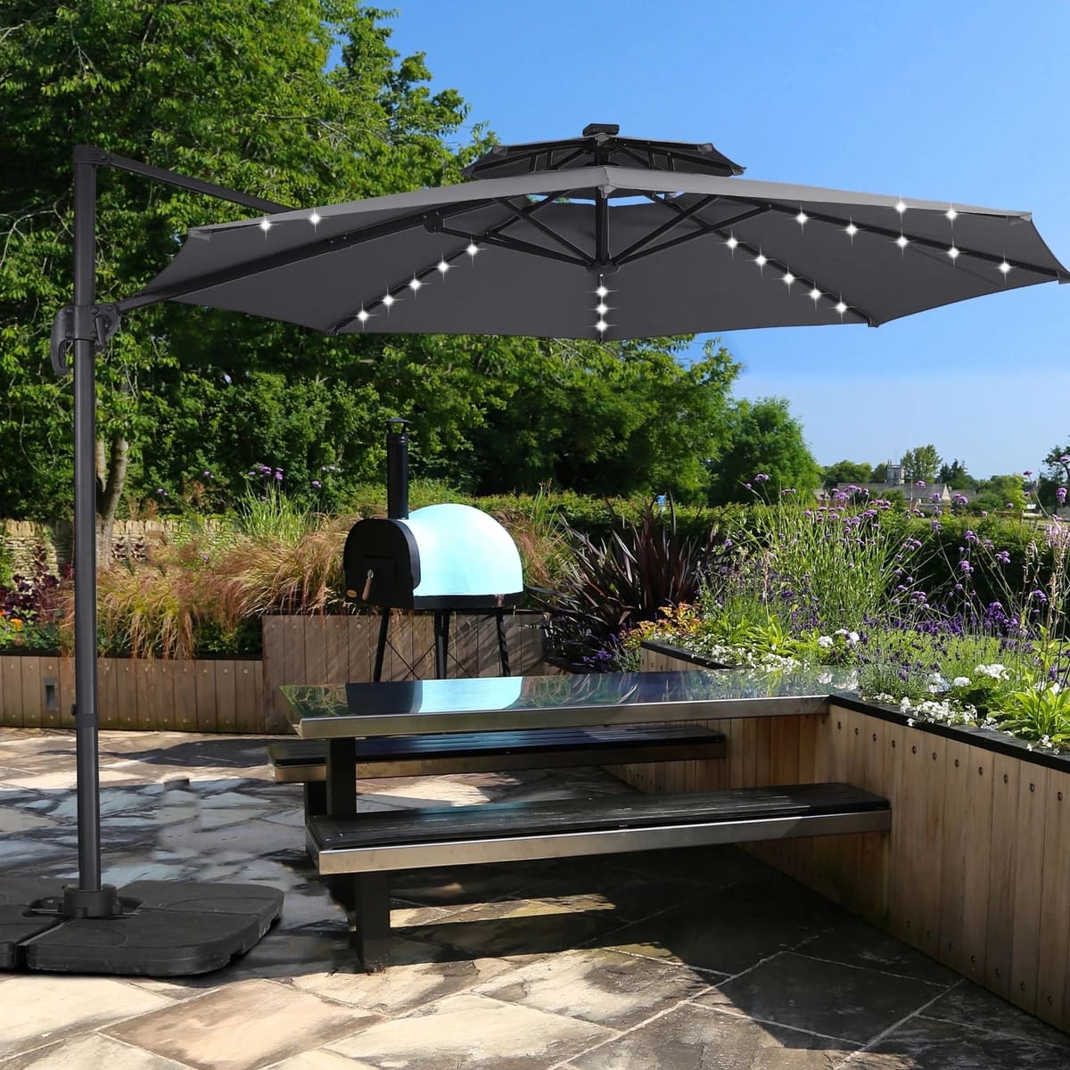 Ainfox 10ft Double Top Heavy-Duty Patio Cantilever Umbrella with lights and Cross Base, Outdoor Large Offset Hanging Aluminum Rotation Sun - Gray