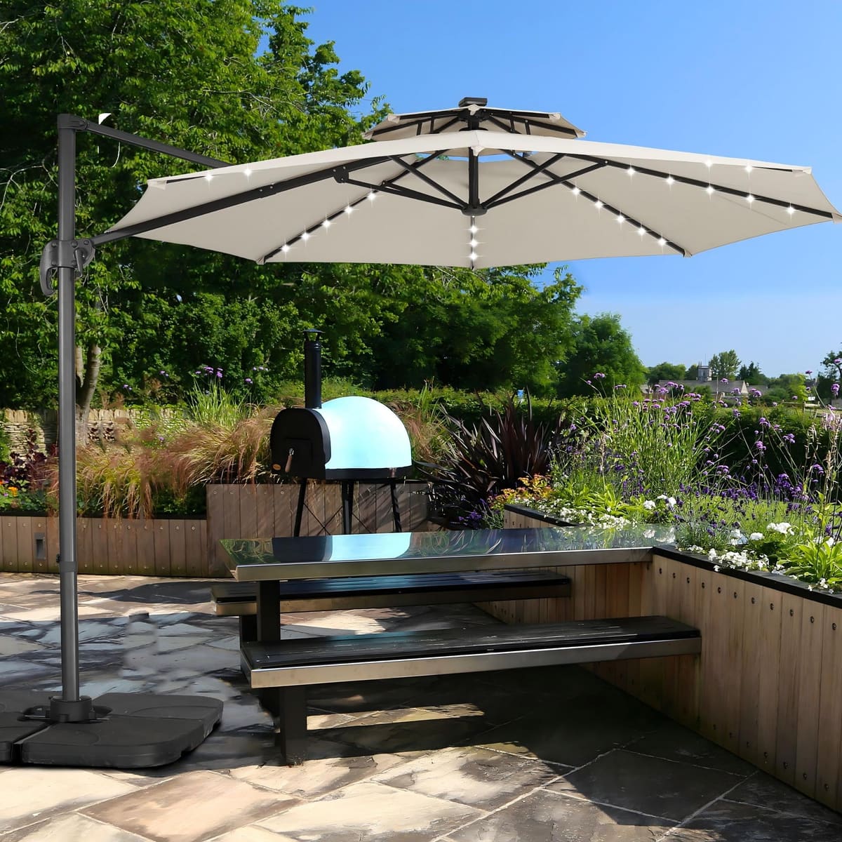 Ainfox 10ft Double Top Heavy-Duty Patio Cantilever Umbrella with lights and Cross Base, Outdoor Large Offset Hanging Aluminum Rotation Sun Shade