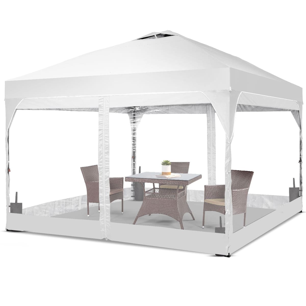 Ainfox 10ft x 10ft Pop Up Canopy Beach Tent with 4 Removable Clear PVC Sidewalls for Events, Parties, Camping - White