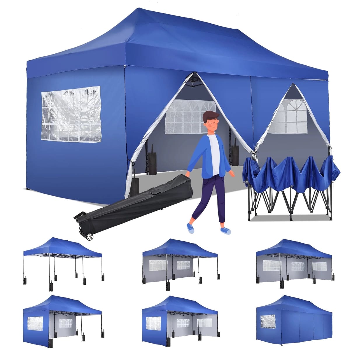 Ainfox 10x20 Heavy Duty Pop up Canopy Tent with Sidewalls and Weighted Sandbags, Outdoor Shade Instant Folding Event Gazebo with Wheeled Bag - Blue