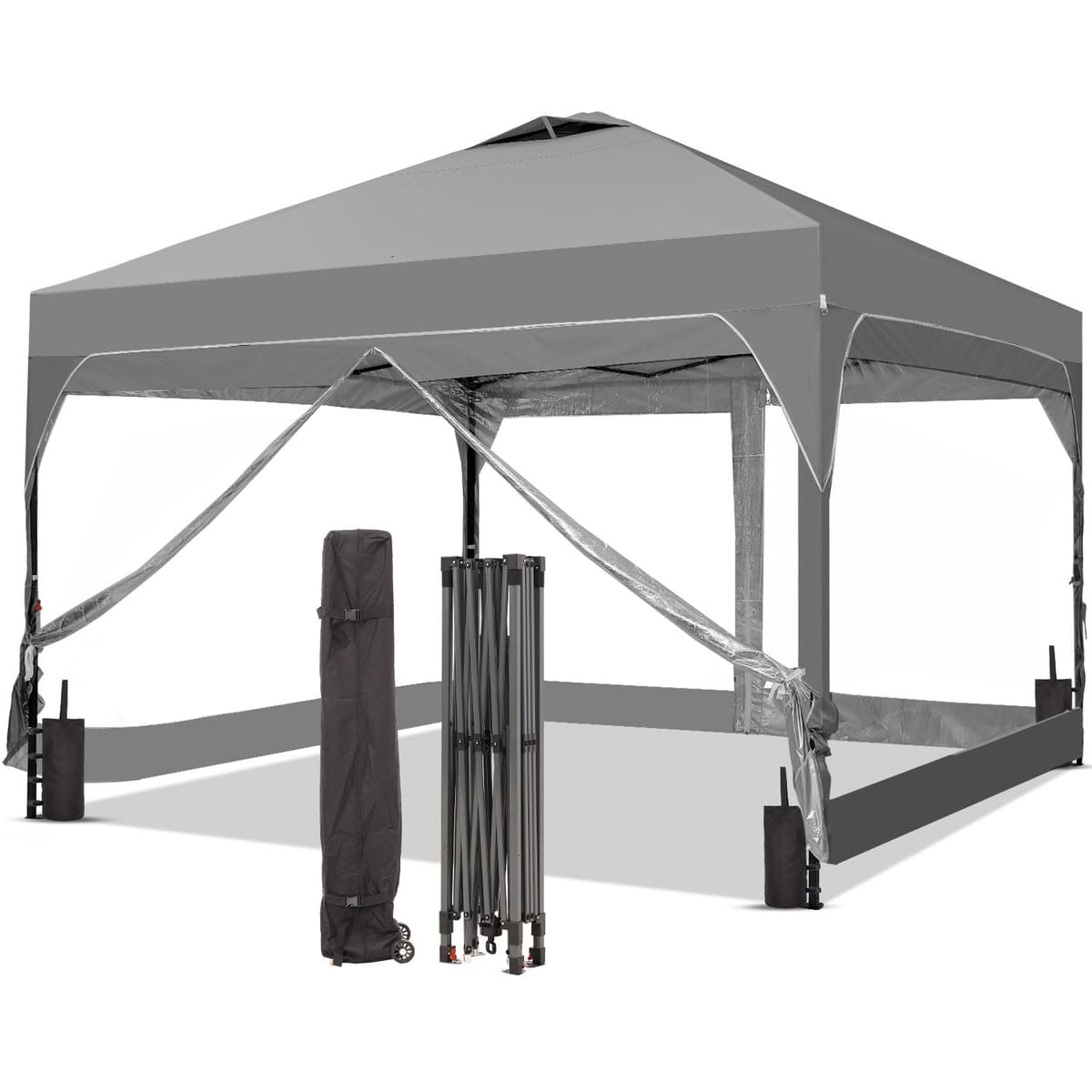 Ainfox 12ft x12ft Pop Up Canopy With 4 transparent sidewalls Outside Canopy with Wheeled Carry Bag, Bonus 8 Stakes and 4 Ropes - Gray