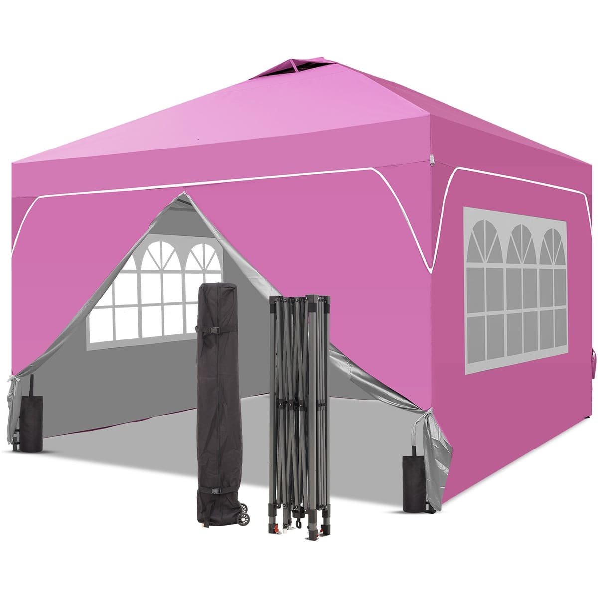 Ainfox 12ftx12ft Pop Up Canopy Tent with 4 Sidewalls One Push Tent Canopy with Wheeled Carry Bag, 8 Stakes and 4 Ropes - Pink