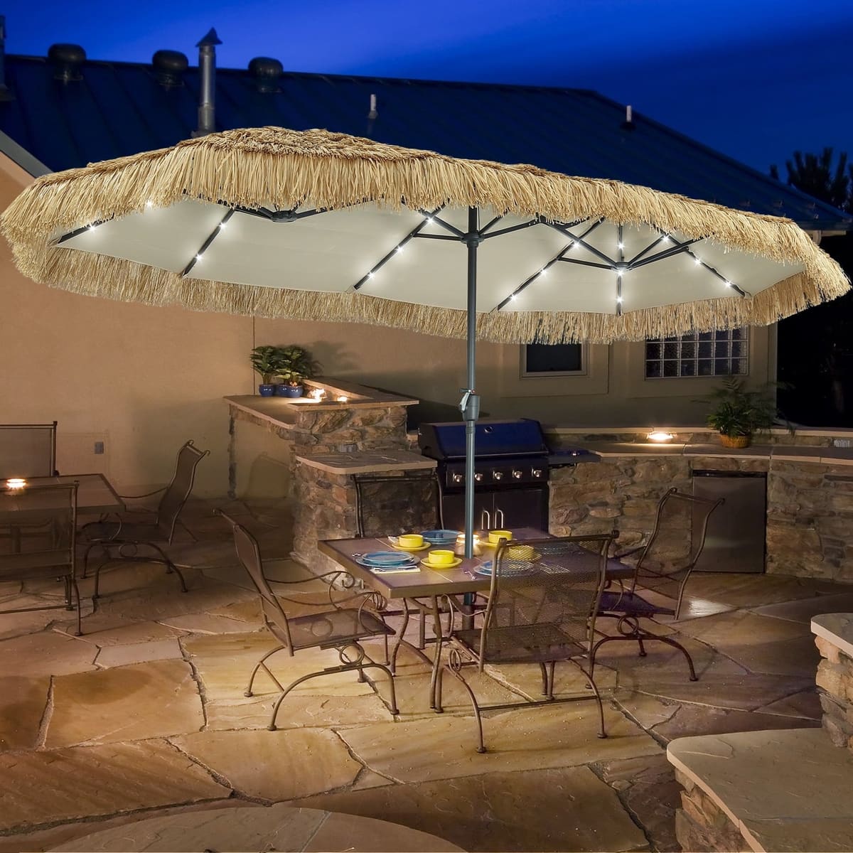 Ainfox 13ft Large Thatched Tiki Patio Umbrella with Solar LED Lights, Outdoor Heavy-Duty Double-Sided Rectangle Market Umbrella for Garden, Deck,