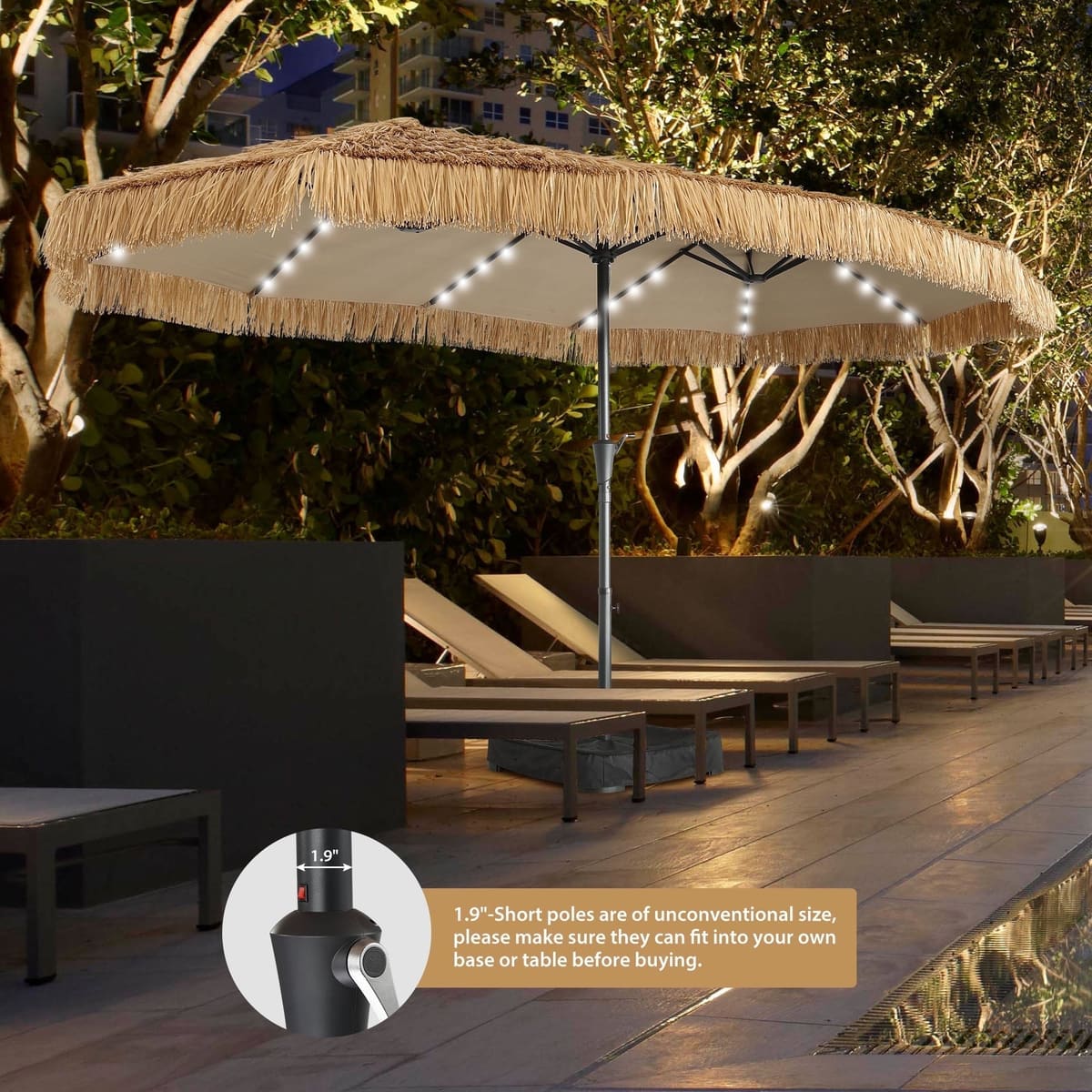 Ainfox 15ft Large Thatched Tiki Patio Umbrella with Lights and Weighted Sandbags, Outdoor Heavy-Duty Double-Sided Rectangle Market Umbrella for