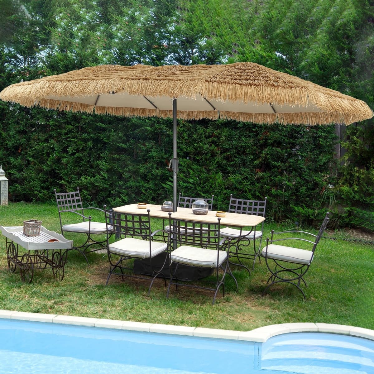 Ainfox 15ft Large Thatched Tiki Patio Umbrella with Stand and Sandbags, Outdoor Heavy-Duty Double-Sided Rectangle Market Umbrella for Garden, Deck,