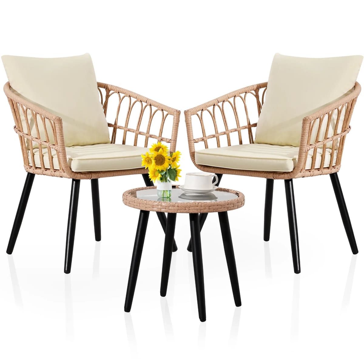 Ainfox 3-Piece Outdoor Wicker Bistro Set, All-Weather Rattan Chairs with Washable Cushions and Tempered Glass Table, Beige & Yellow