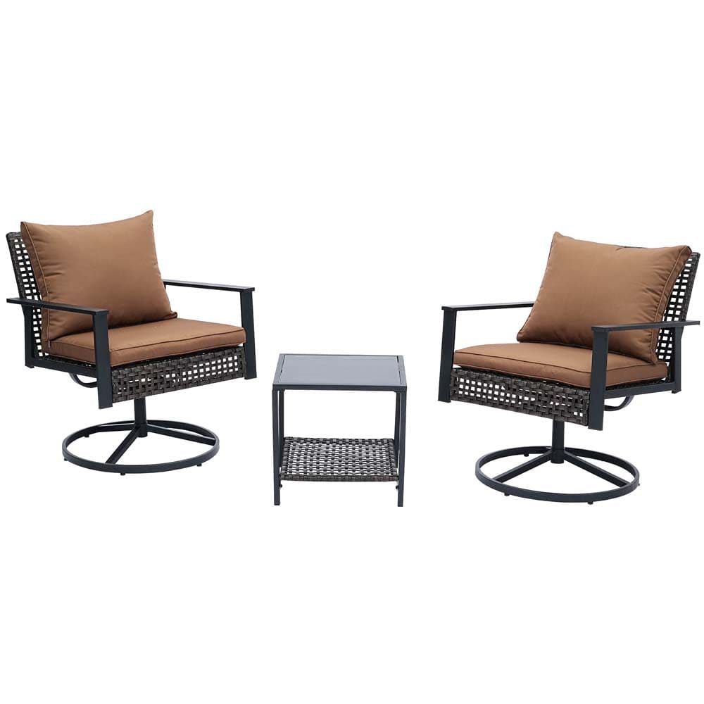 Ainfox 3PCS Patio Sofa With 2 Metal Swivel Chair And Coffee Table For Indoor Outdoor - Brown