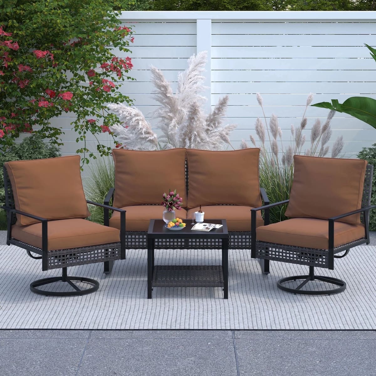 Ainfox 4-Piece Outdoor Patio Furniture Sofa Set, Includes 2 Swivel Glider Chairs,1 Tempered Glass-top Coffee Table and 1 Rocking Loveseat - Brown