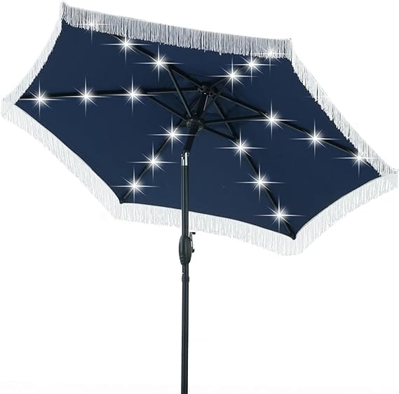 Ainfox 7.5ft Boho Fringe Patio Umbrella with Solar LED Lights, UV Protected Outdoor Umbrella - Navy Blue