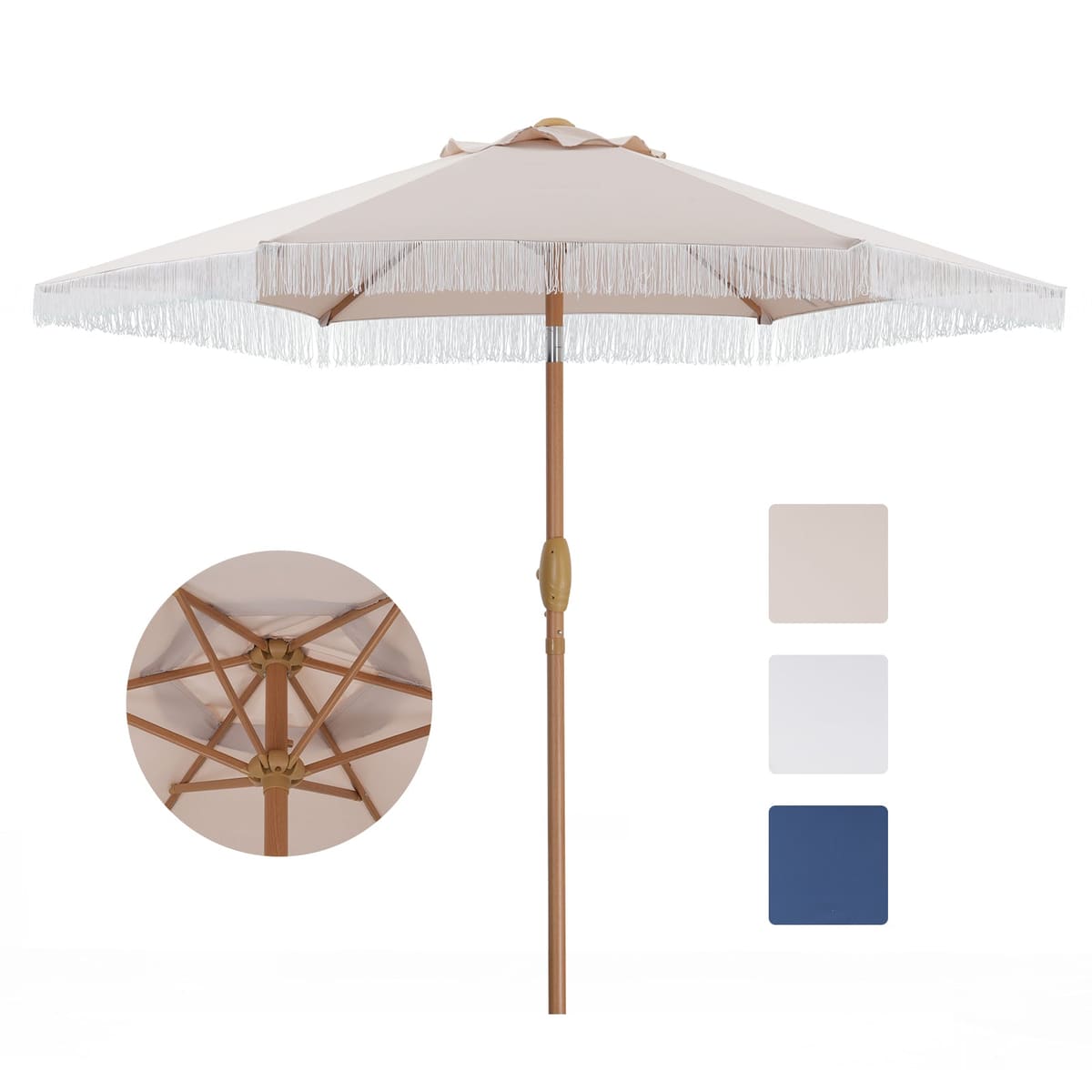 Ainfox 7.5ft Boho Patio Umbrella with Fringe, Outdoor Tassel Umbrella, Waterproof Sun Protection Umbrella - Khaki