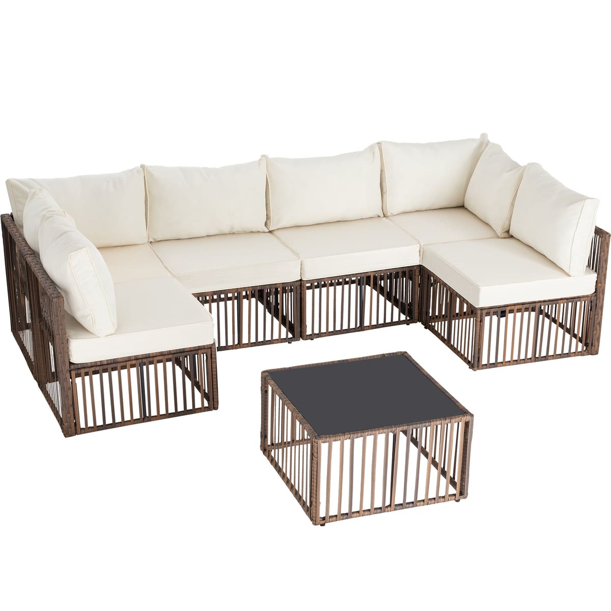 Ainfox 7 Piece Outdoor Sectional Furniture Set with Cushions, Wicker Patio Conversation Set Outdoor Sectional Sofa, All-Weather for Garden, - Beige