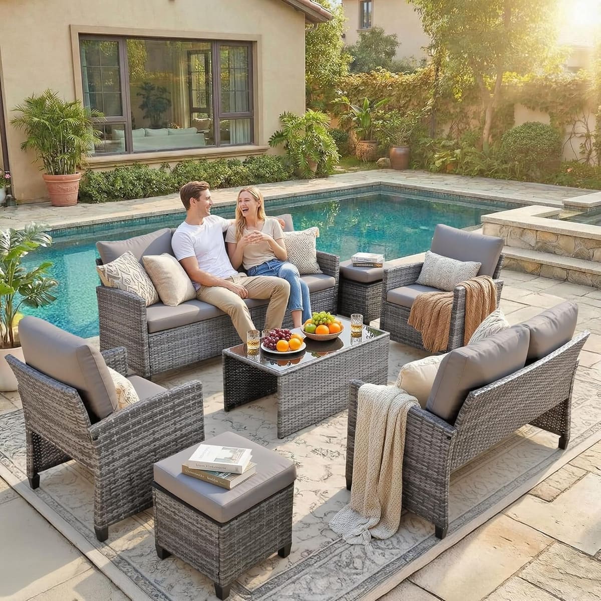 Ainfox 7-Piece Outdoor Wicker Patio Furniture Set,Sectional Conversation Set with 3-Seat Sofa, Loveseat, Coffee - 7 PCS/Gray Rattan/Gray Cushion