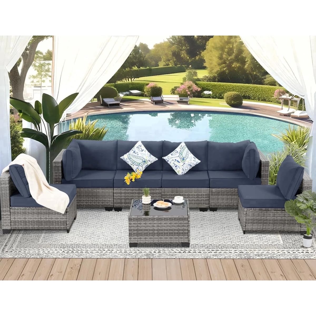 Ainfox 7-Piece Wicker Patio Furniture Set, Rattan Sectional with Cushion & Tempered Glass Coffee Table for Porch - 7PCS/Grey Rattan/Blue Cushion
