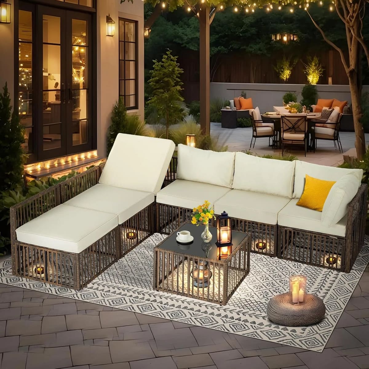 Ainfox 7 Pieces Outdoor Wicker Patio Furniture Set, Adjustable Backrest Sectional Conversation Couch with Thick - 7 PCS/Gray Rattan/Beige Cushion