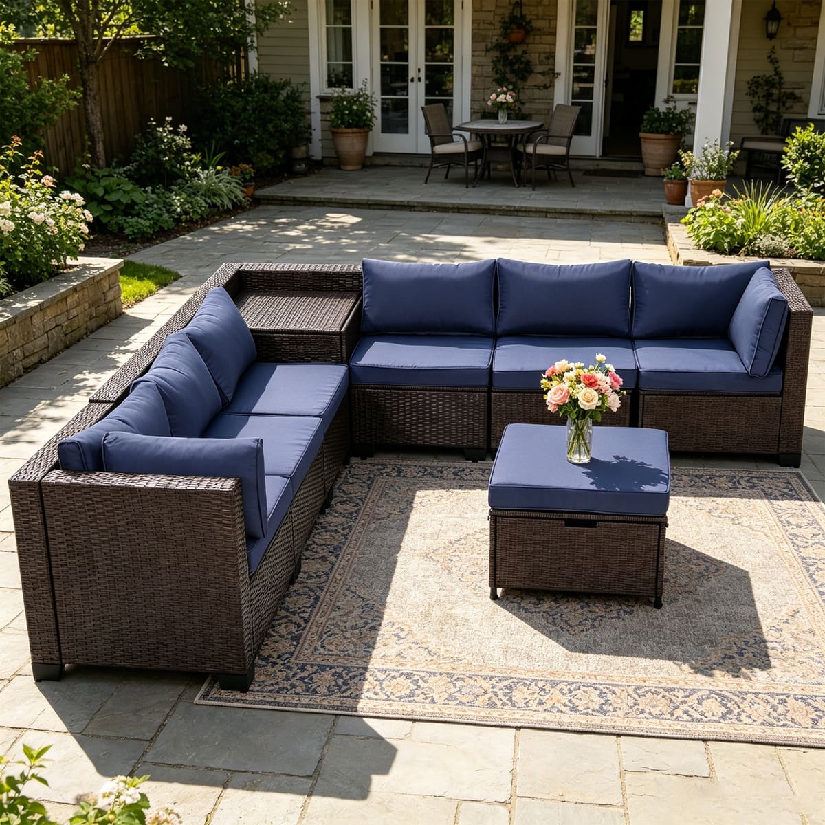 Ainfox 8 Piece Outdoor Patio Rattan Sectional Storage Furniture Set,Modular Conversation Sofa with Ottoman & Side Box for Backyard Pool - Navy Blue