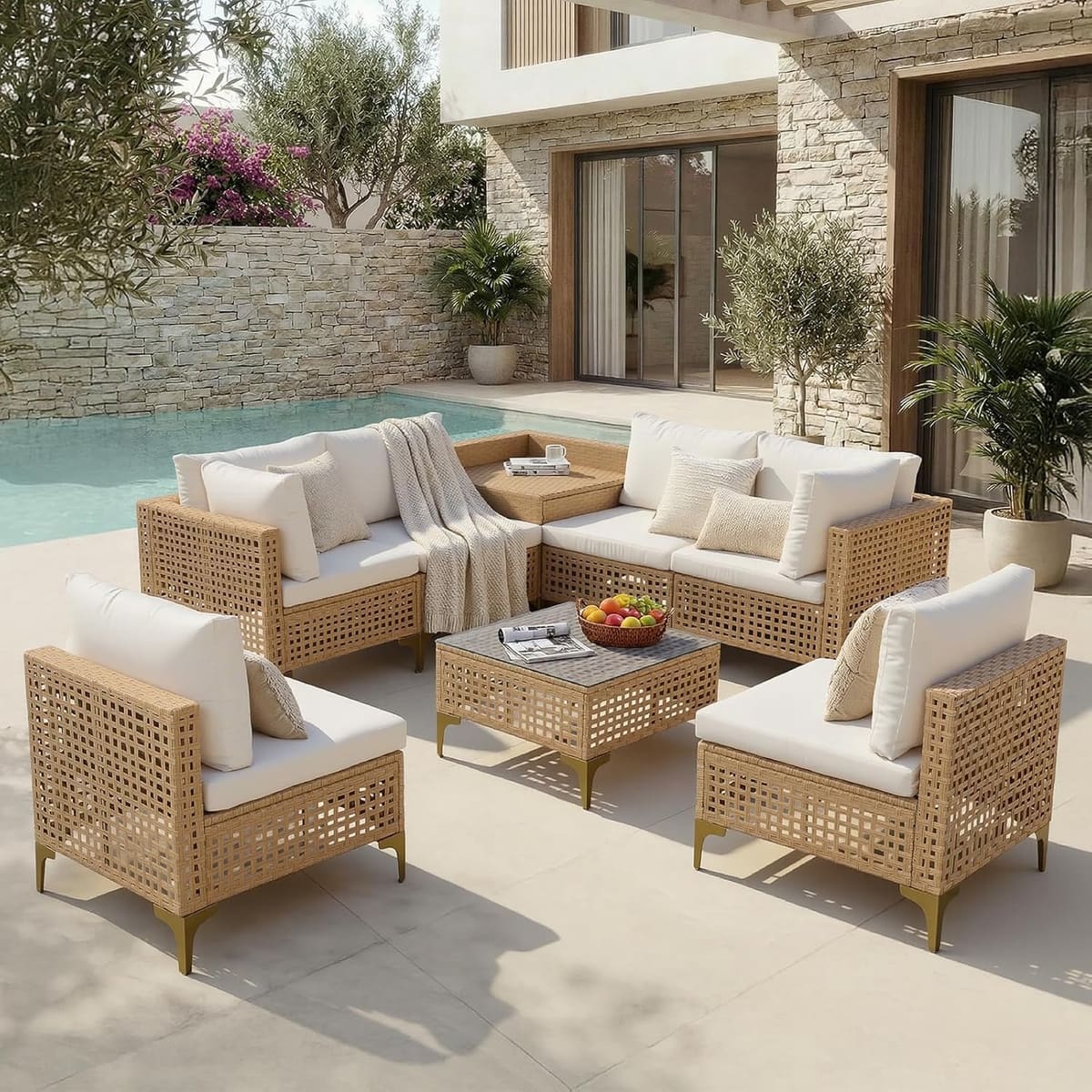 Ainfox 8-Piece Oversized Wicker Patio Furniture Set, UV-Resistant PE Rattan Outdoor Conversation Sofa with Storage Box & Tempered Glass Coffee Table,