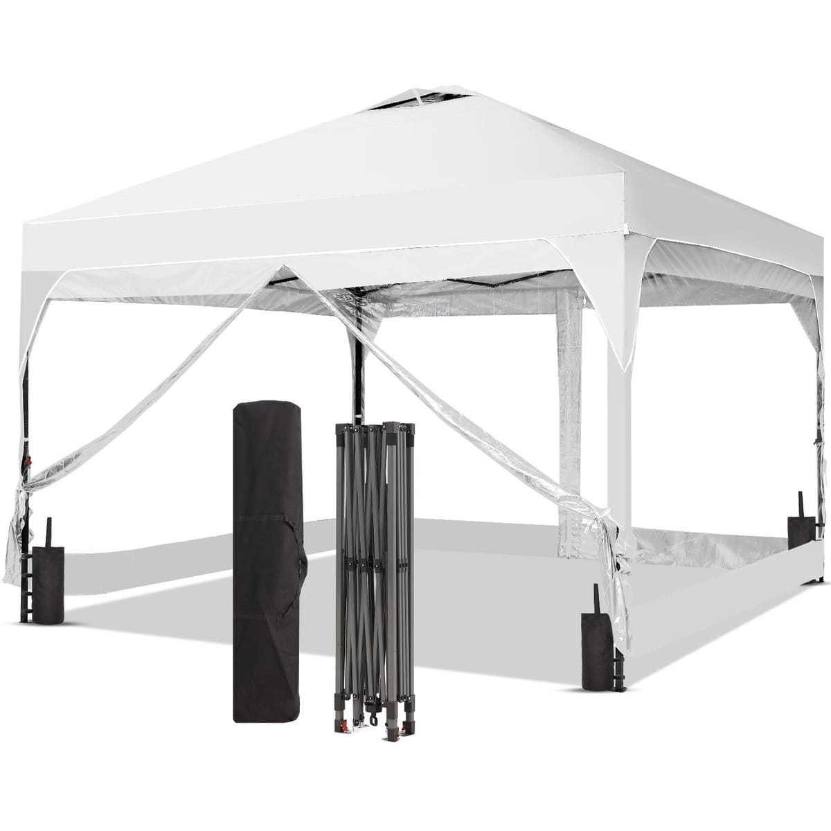 Ainfox 8ft x 8ft Pop Up Canopy Beach Tent with 4 Removable Clear PVC Sidewalls for Events, Parties, Camping - White