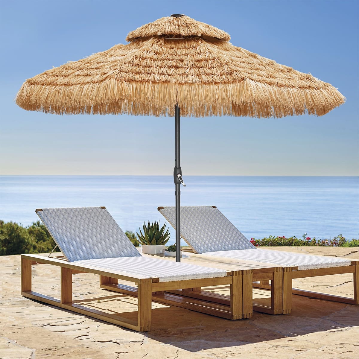 Ainfox 9ft Double Tiers Solar LED Lights Thatched Tiki Umbrella for Outdoor, Pool, Patio, Beach