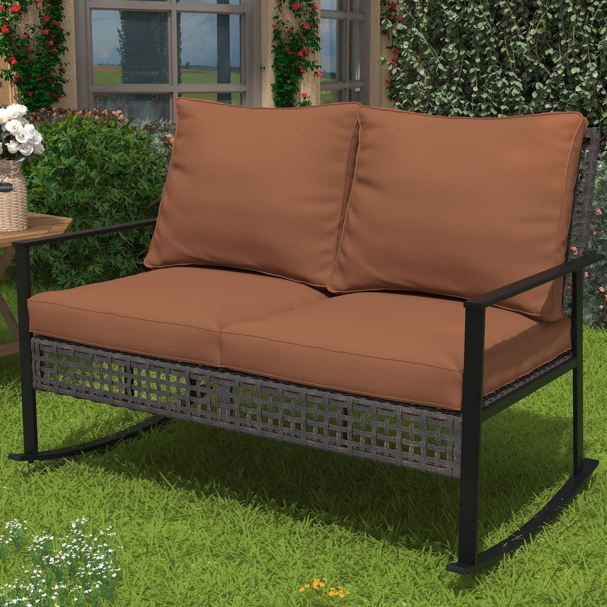 Ainfox Outdoor Patio Furniture Rocking Loveseat, Wicker Rattan Sofa - Brown