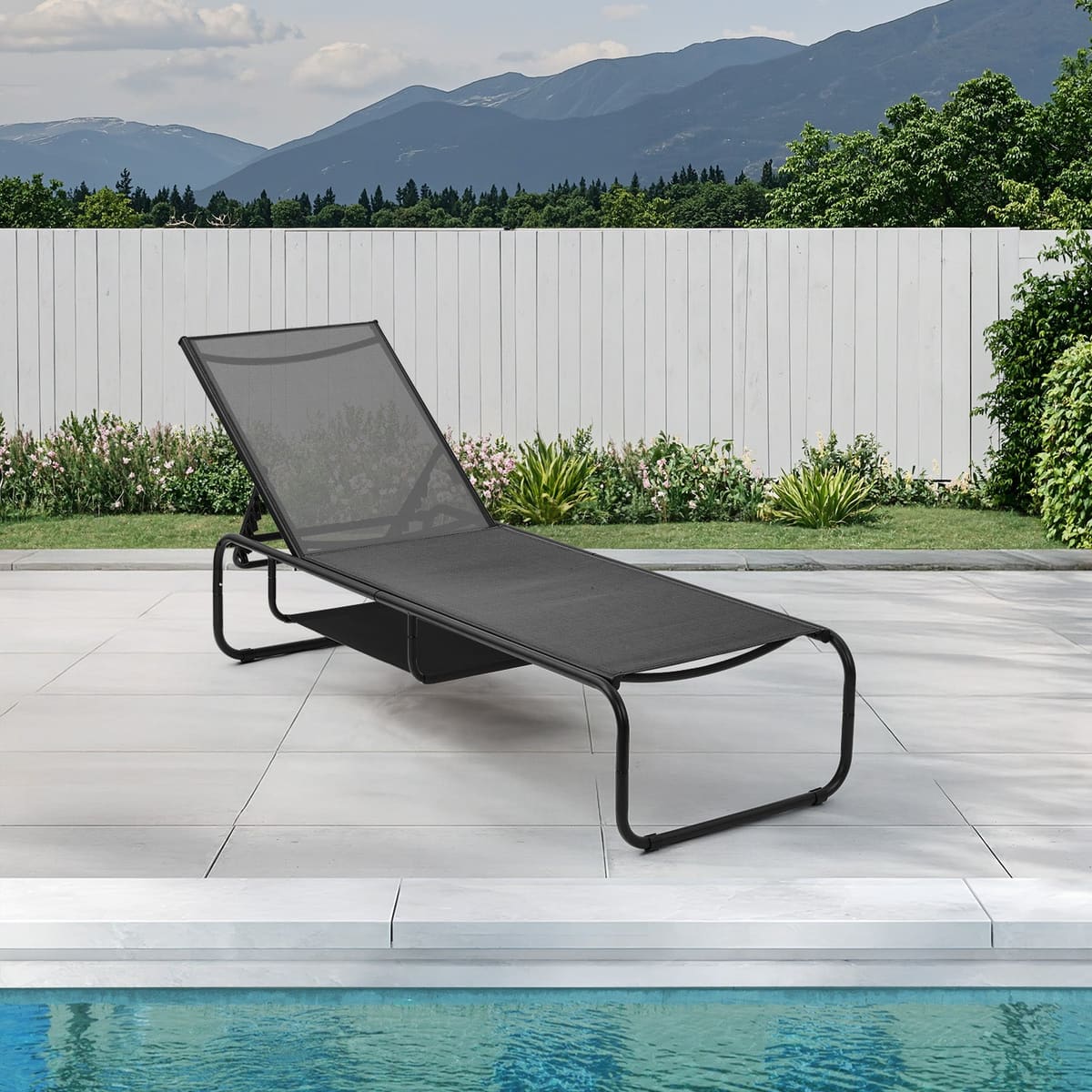Ainfox Patio Chaise Lounge Chair, 5 Adjustable Positions Outdoor Recliner with Hidden Storage, Breathable Textilene Fabric Steel Frame - Gray