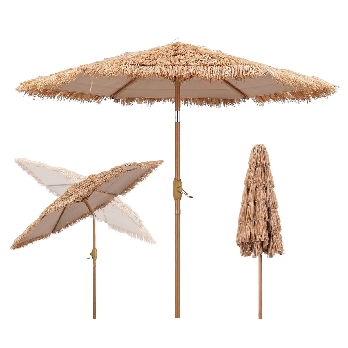 Ainfox Thatched Tiki Patio Umbrella, Outdoor Market Umbrella for Garden, Deck, Backyard, Pool, Beach - 7.5FT + Lights