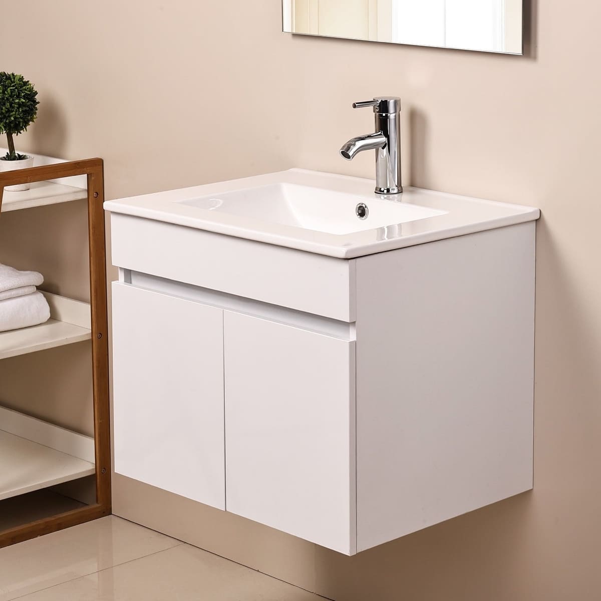 Ainfox Wall Mounted Bathroom Vanity with Ceramic Top and Sink, Storage Cabinet, Faucet Combo Set - 24''W
