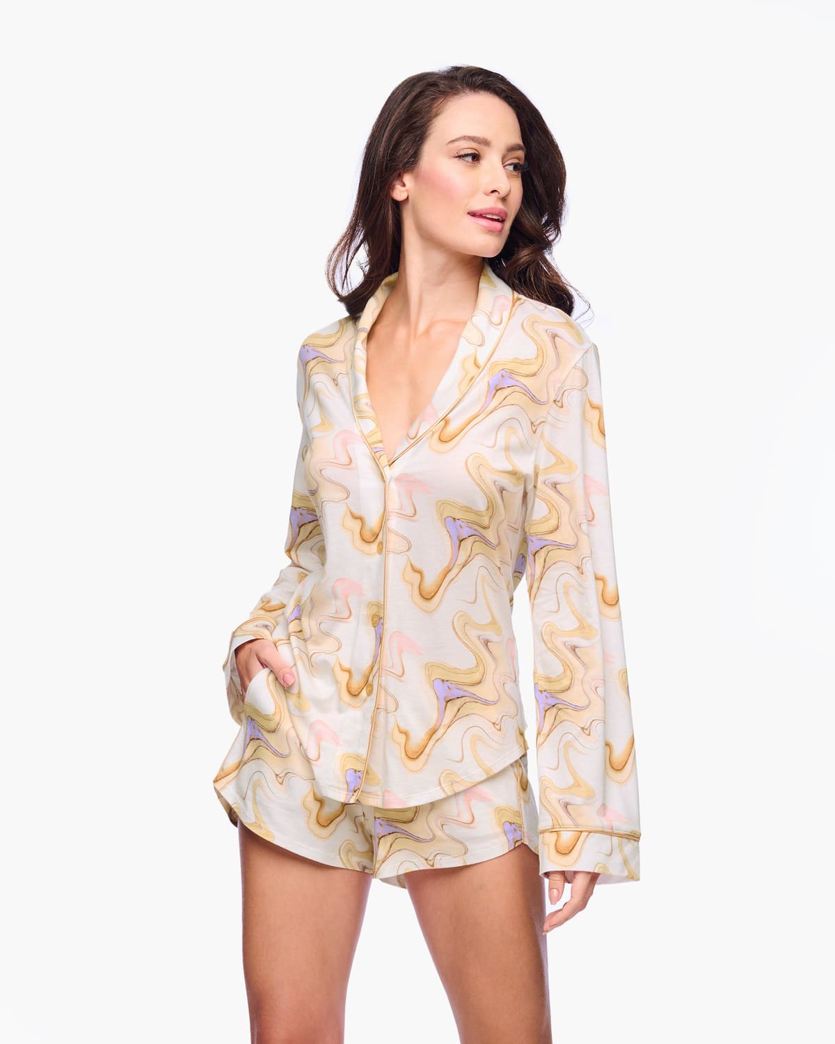 Long Sleeve Top & Boxer Pajama Set - Moon Ivory Marble
