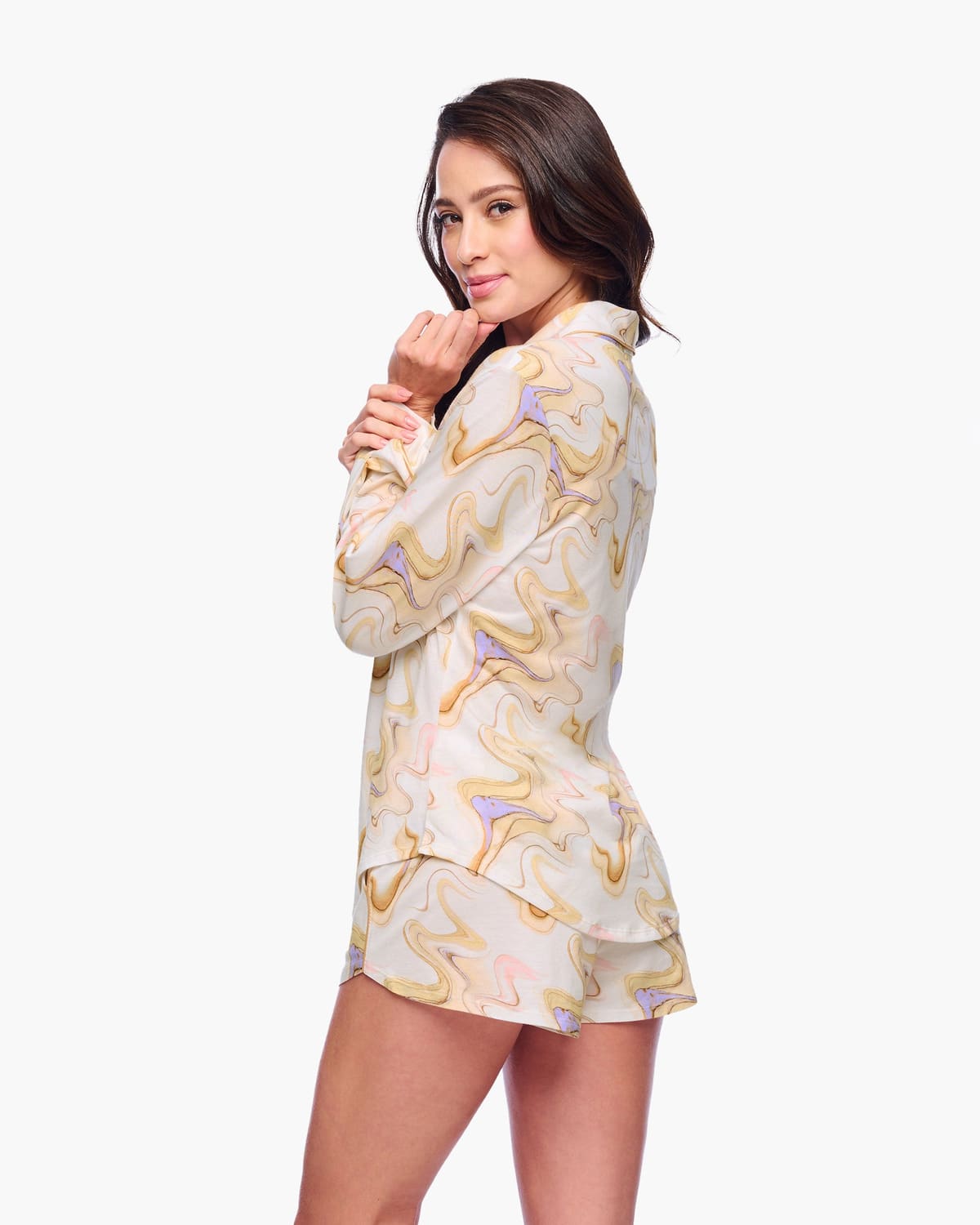 Long Sleeve Top & Boxer Pajama Set - Moon Ivory Marble
