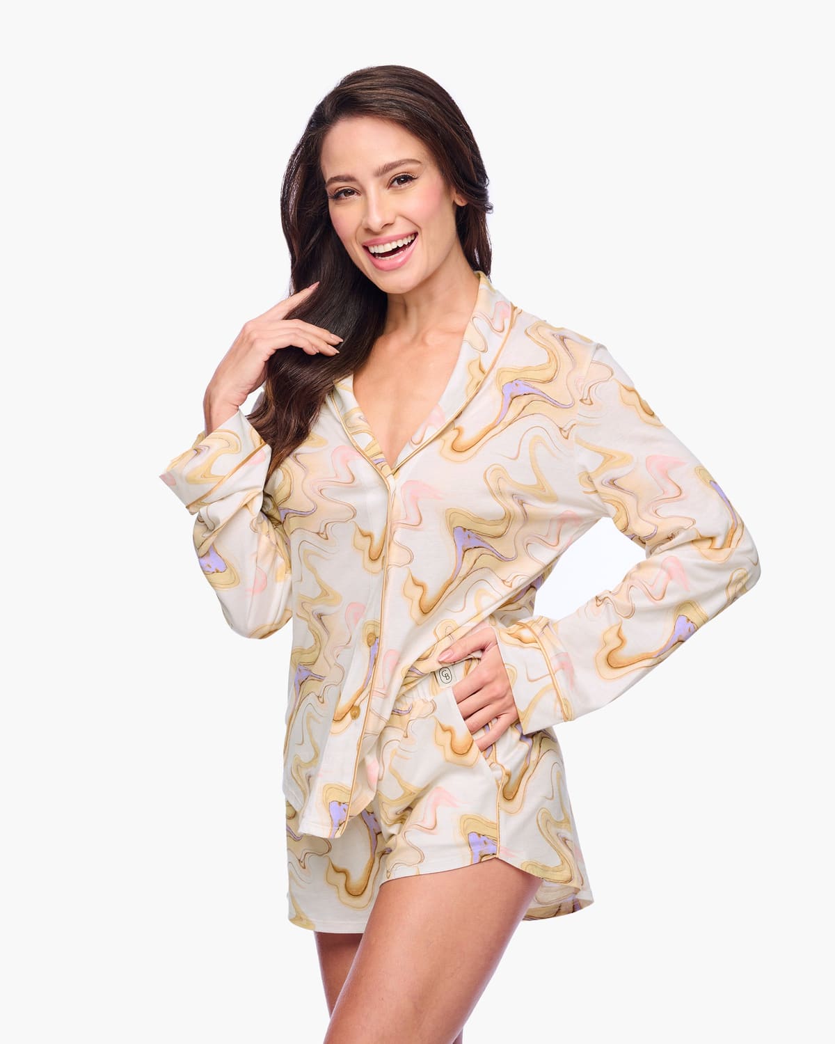 Long Sleeve Top & Boxer Pajama Set - Moon Ivory Marble