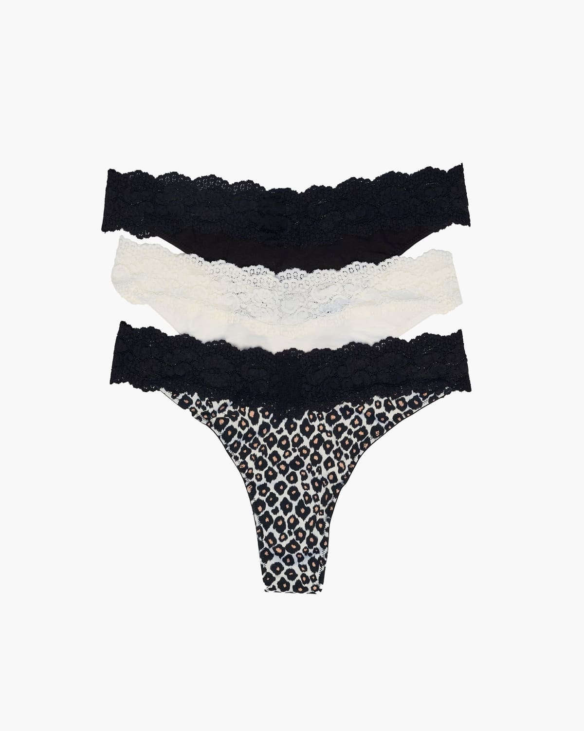 Love Plus Size Thong 3 Pack - Black/Moon Ivory/Leopard