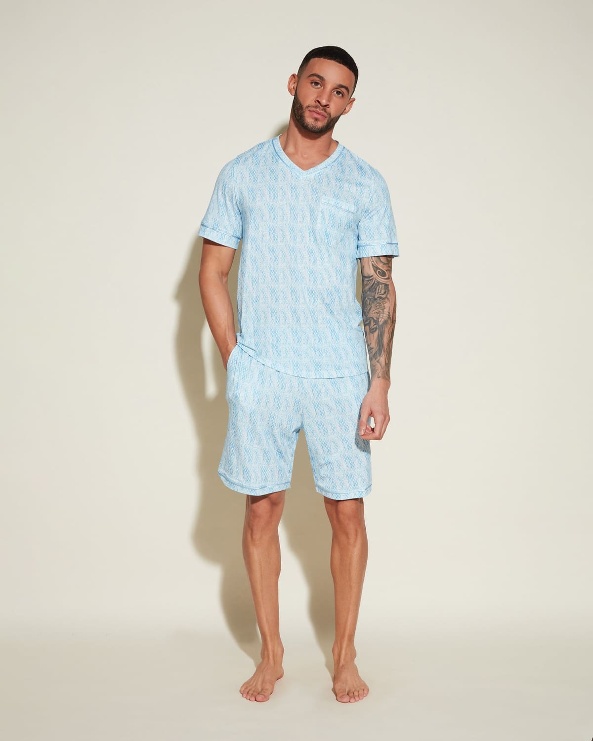 Men's Short Sleeve Top & Shorts Pajama Set - India Diamond/ Aasmani Blue