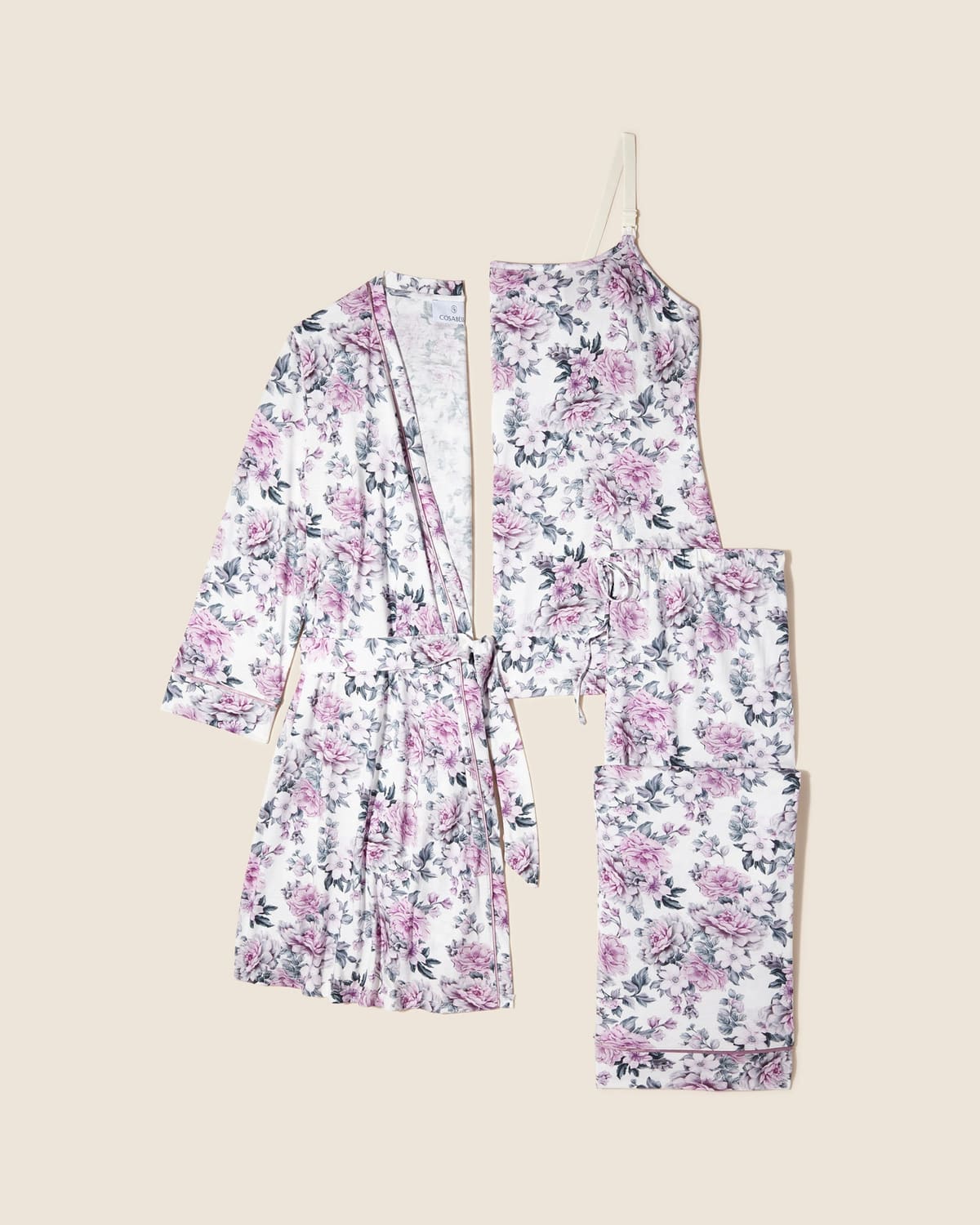 Nursing 3 Piece Set With Print Robe - Wallpaper Floral/Ivory
