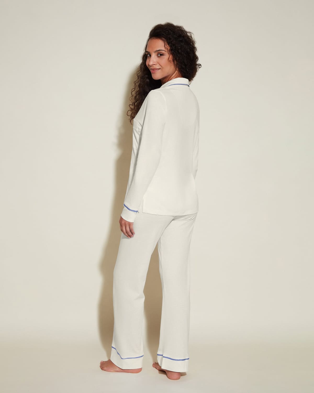 Petite Long Sleeve Top & Pant Pajama Set - Moon Ivory/Portofino Blue