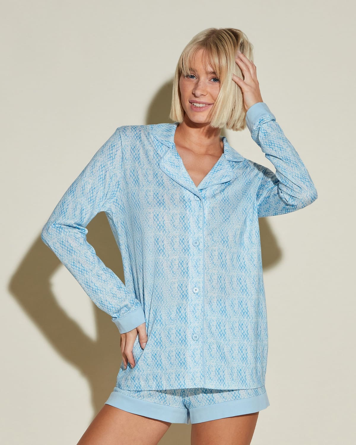 Printed Long Sleeve Top & Boxer Pajama Set - India Diamond/ Aasmani Blue