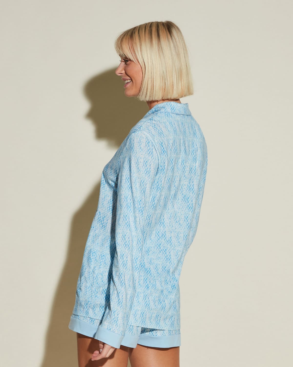 Printed Long Sleeve Top & Boxer Pajama Set - India Diamond/ Aasmani Blue