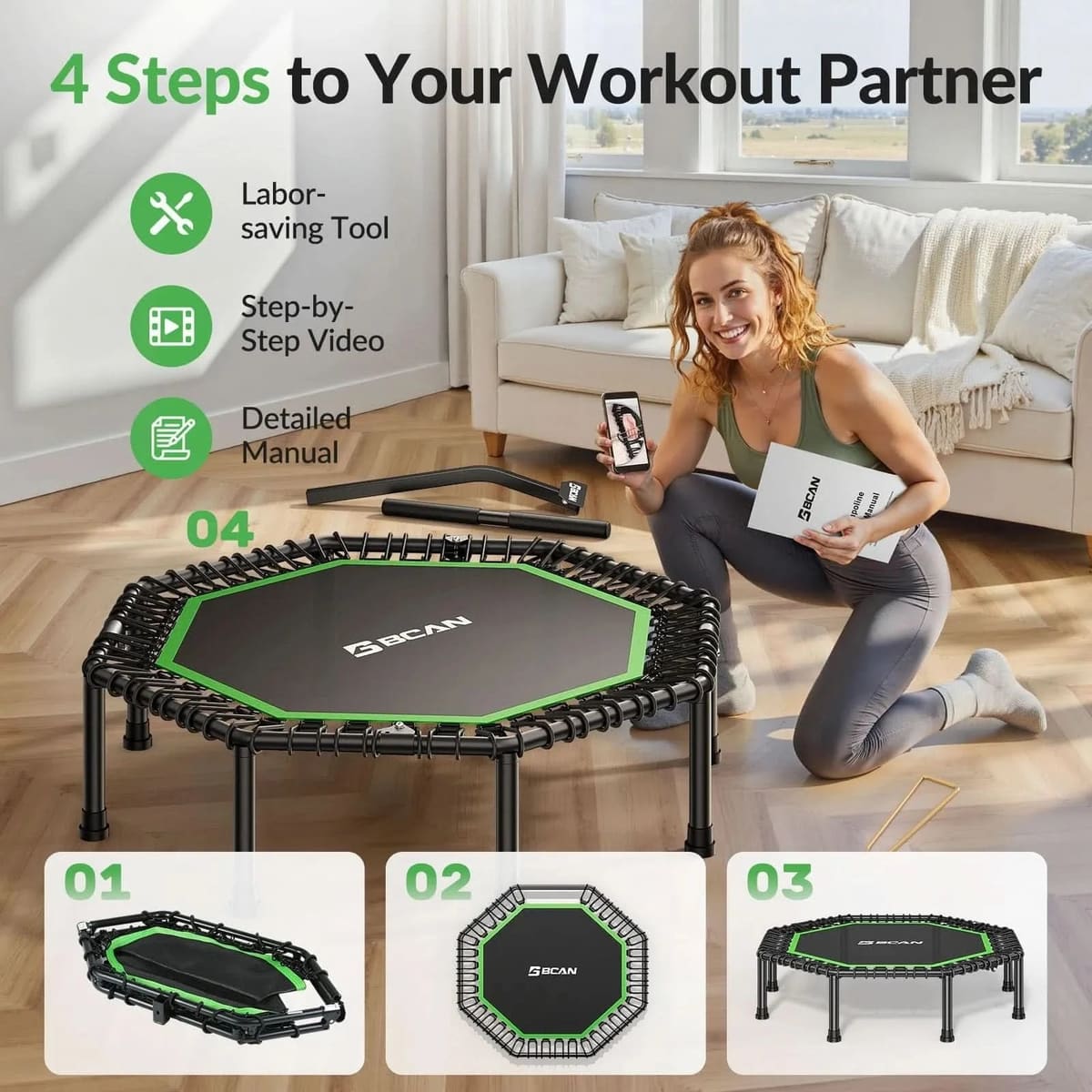 FED Fitness Bcan Series BT3 Octagonal Foldable Bungee Trampoline 51" With T-Adjustable Handlebar