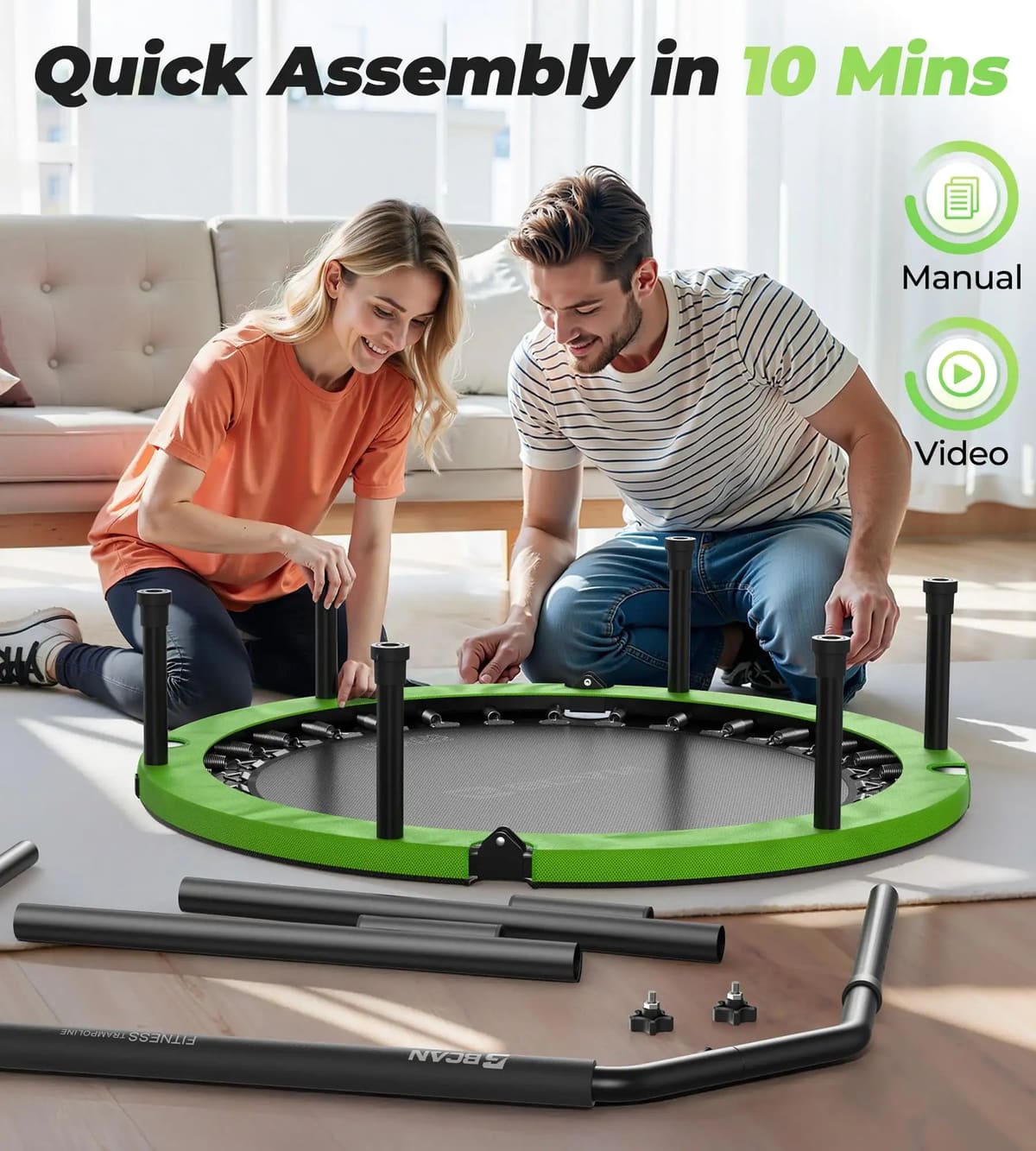 FED Fitness Bcan Series SP3 Foldable Adult Mini Spring Trampoline With Handlebar & Spring Cover