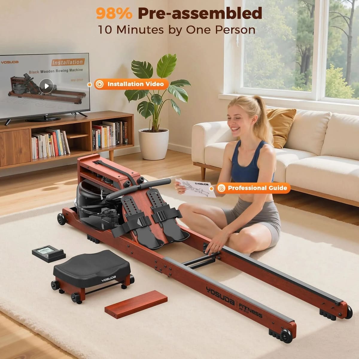 FED Fitness Yosuda Series RM5 Wooden Water Foldable Rowing Machine