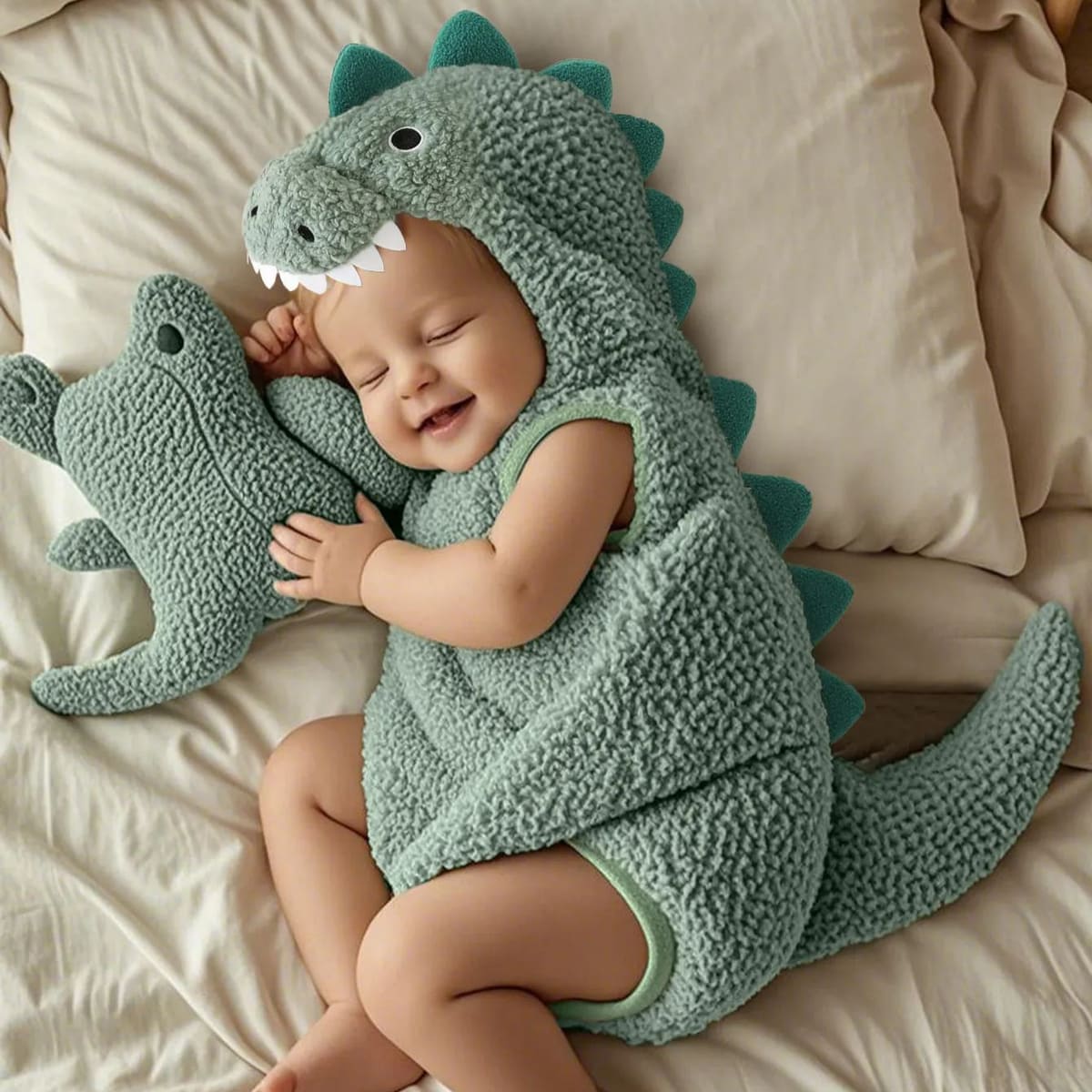 Custom Name Dinosaur Hooded Baby Romper, Fuzzy Sleeveless Costume Bodysuit for Infants