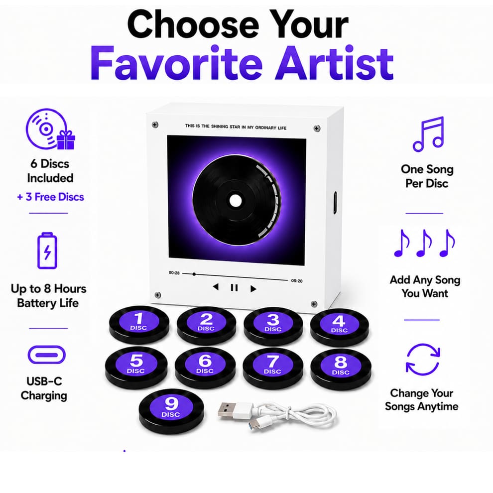 Custom NFC Vinyl Record Music Player With 9 Discs, Magnetic Disc Music Player with Rechargeable Battery