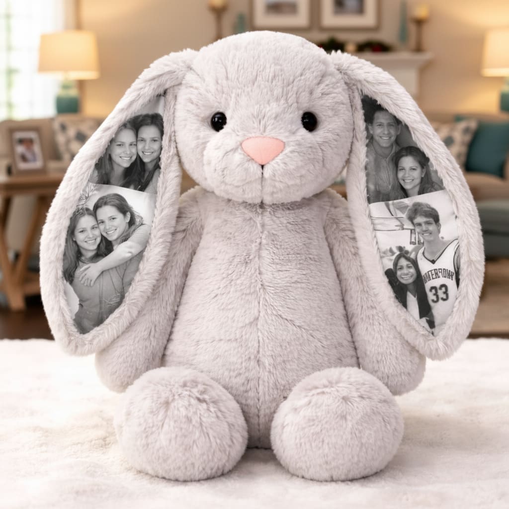 Custom Photo Bunny Plush - Personalized Hidden Ear Picture Bunny Gift for Couples Anniversary Mother's Day Gifts